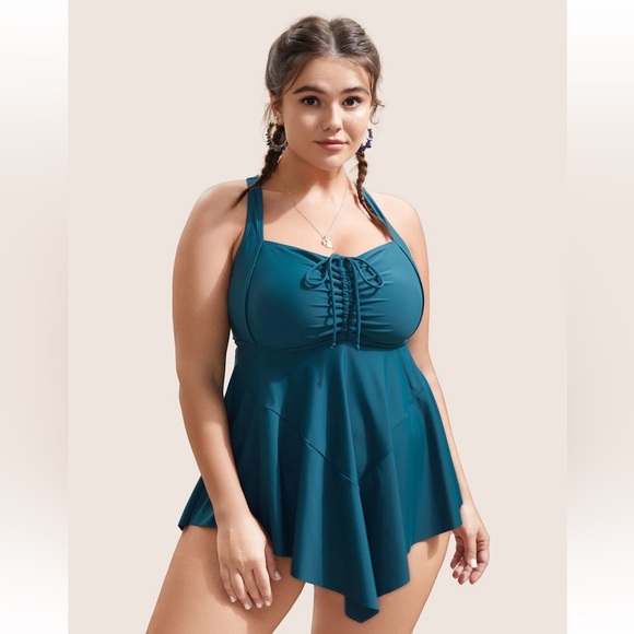 BloomChic Plus Size XL Plain Gathered Adjustable Straps Drawstring Swim Dress - Picture 1 of 8